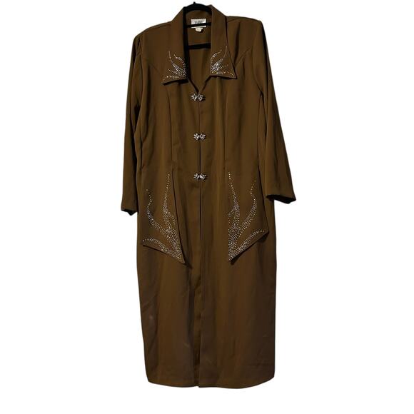 X-LAND DOLCE Jacket Long 2XL VTG USA Dark Brown Rhinestones Y2K Boho Whimsy Goth - Picture 11 of 14